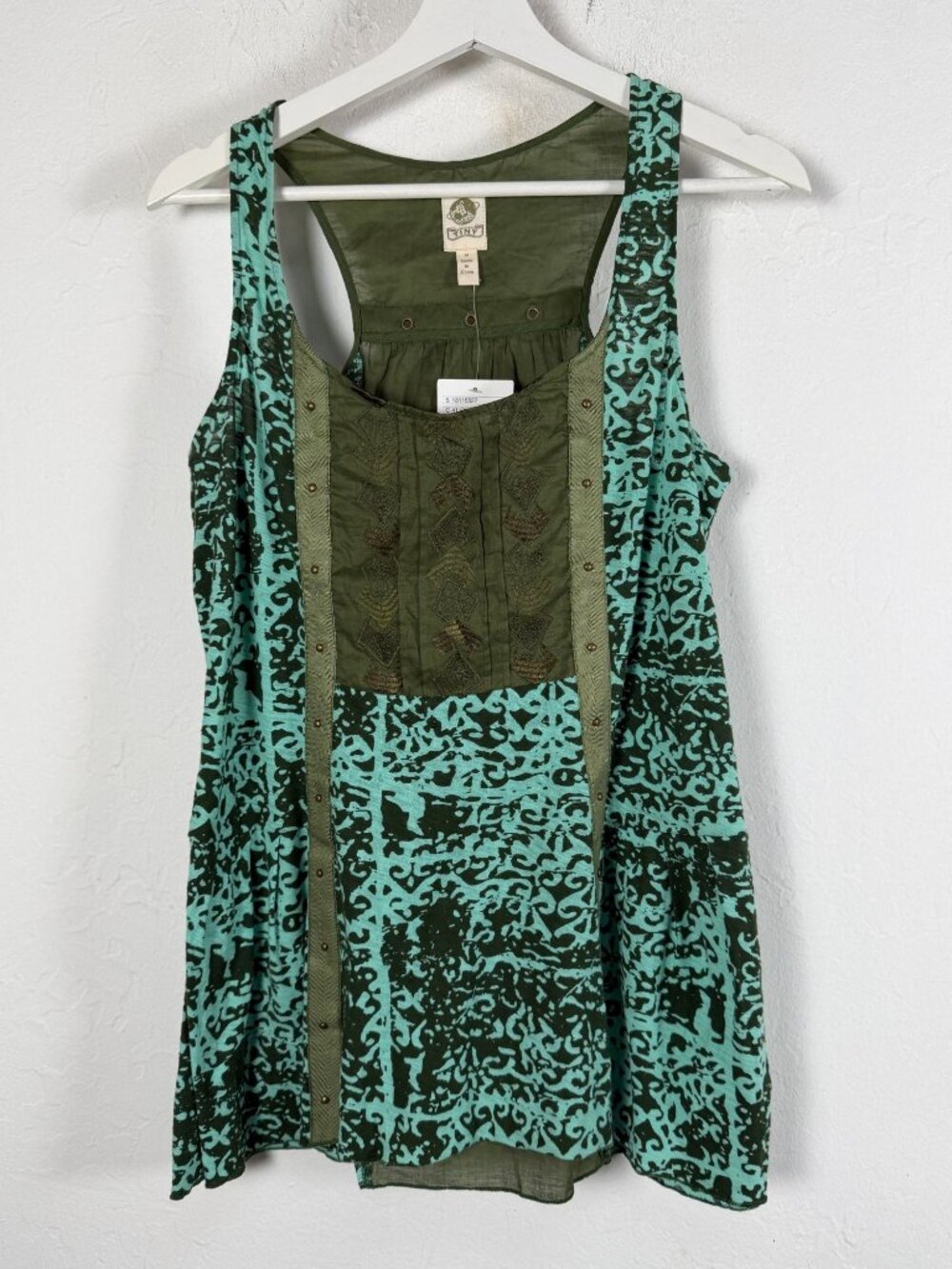 Anthropologie Tiny Green Printed Tank Top Embroidered Beaded Blouse Medium New